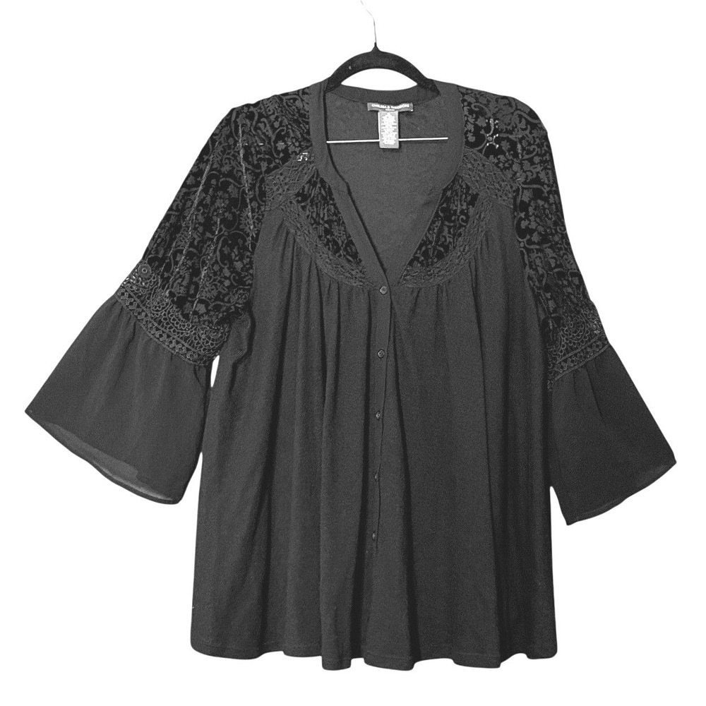 Victorian Romantic Black Tunic 1X Bohemian Steampunk Lace Bell Sleeve Whimsigoth